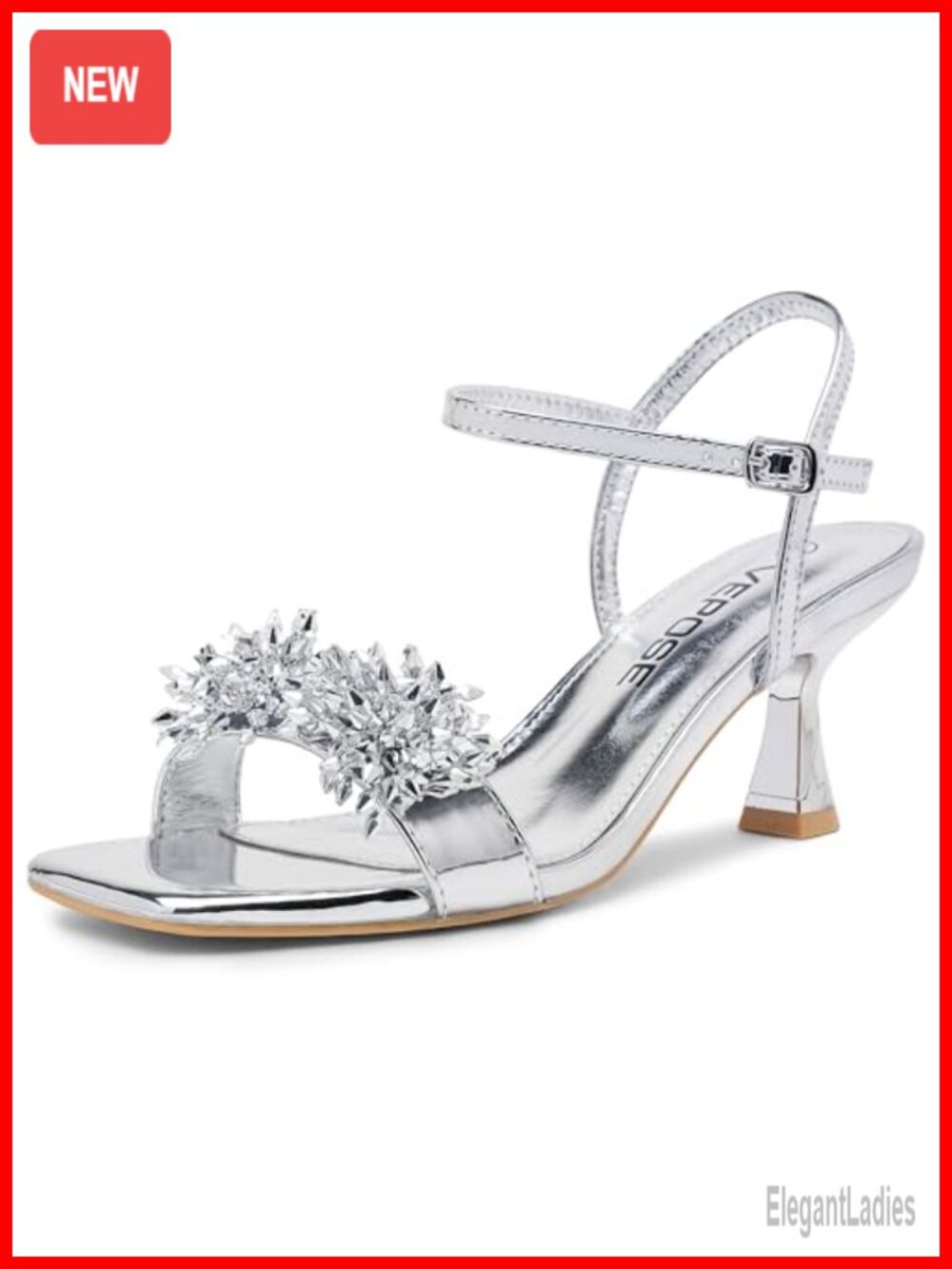 Rhinestone Kitten Heel Sandals Square Toe Ankle Strap 2.8in Heel